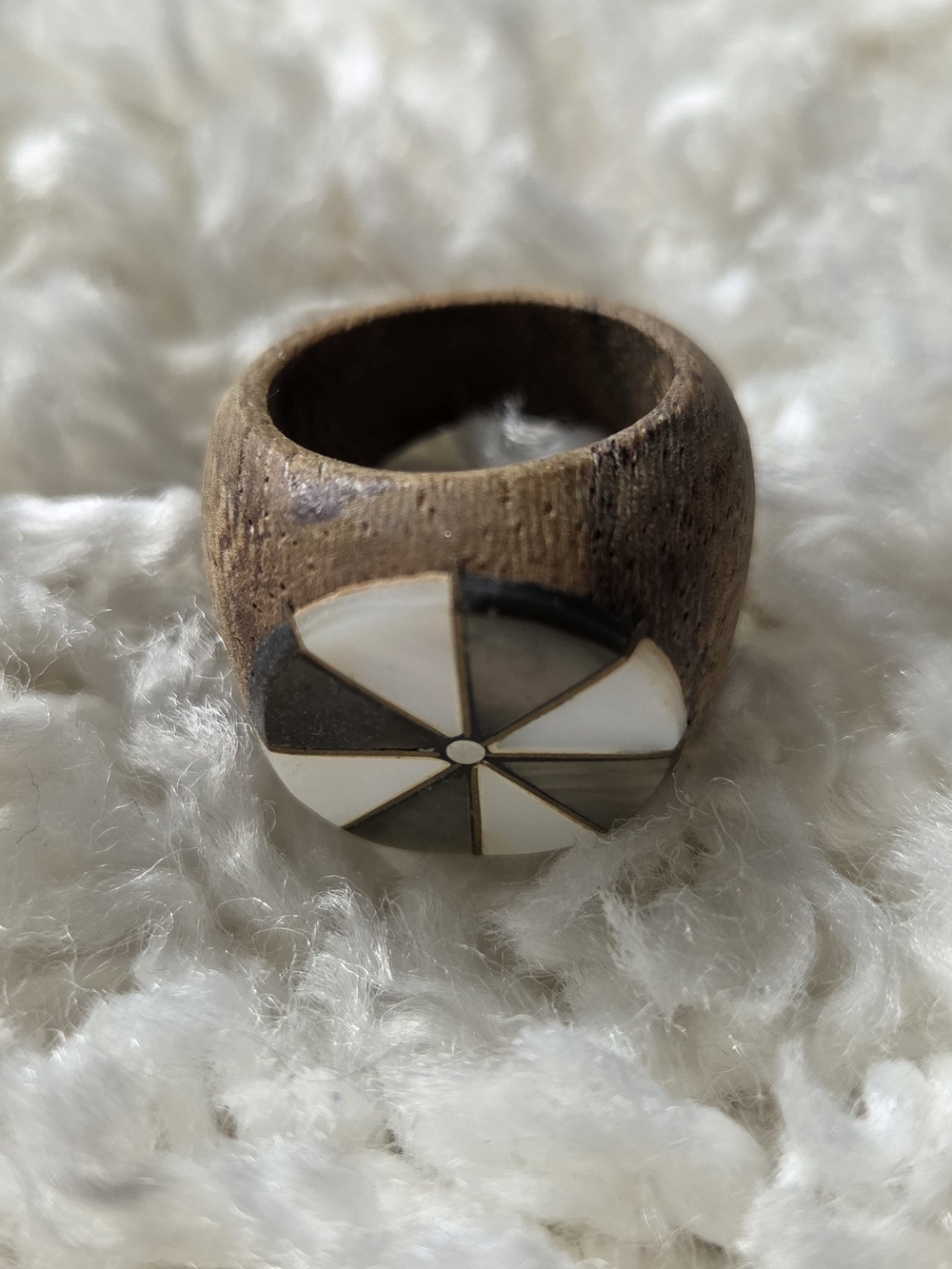 Wooden Ring with Inlaid White and Dark Accents